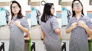 Schoolgirl Cecilia stripping off her button dress